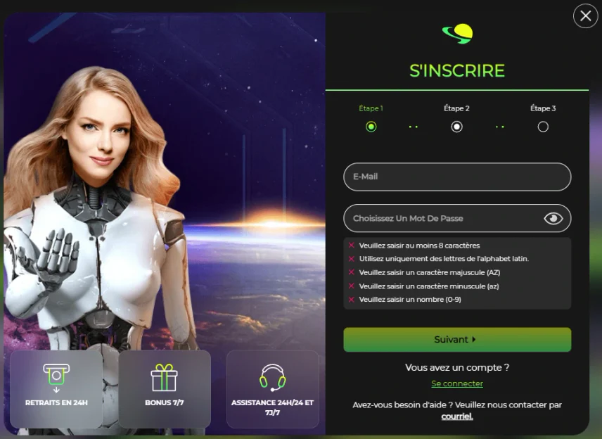 Formulaire d’inscription au casino Space Fortuna avec bonus retraits en 24h et assistance 24h/24 et 7j/7